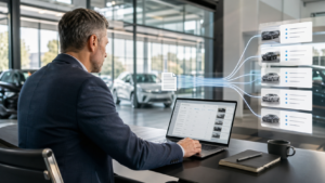 Autohaus-Team prüft Fahrzeugdaten am Laptop für FTP-Übertragung an Spinic