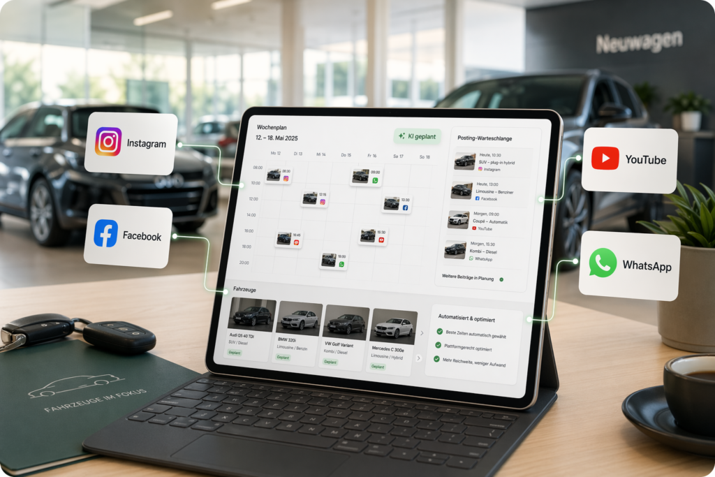 Tablet mit Smart Planner Kalender im Autohaus, verbunden mit Instagram, YouTube, Facebook und WhatsApp
