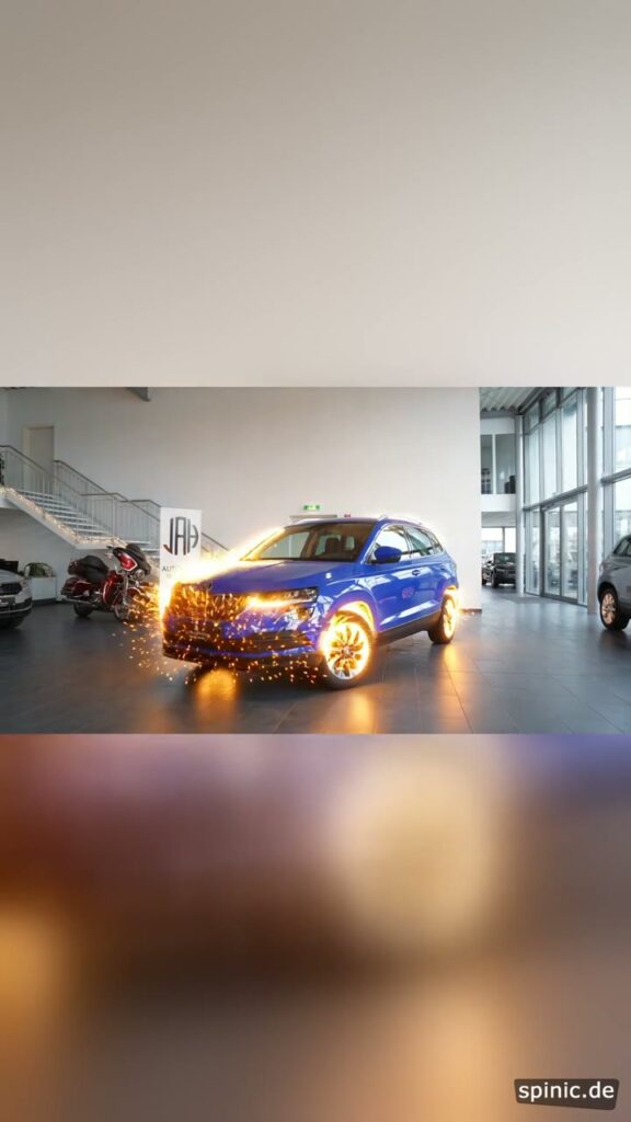 SUV in einer digitalen Fahrzeugpräsentation mit sichtbarem Feuereffekt