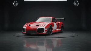 Rotes Porsche-Rennfahrzeug in einer animierten 360-Grad-Studioansicht vor dunklem Hintergrund
