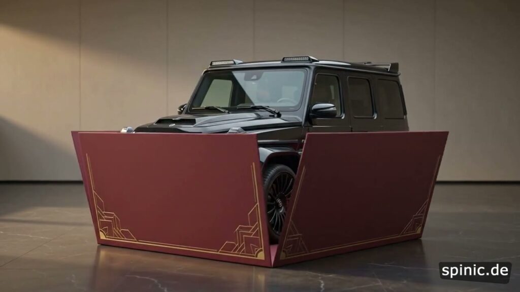 Schwarze Mercedes G-Klasse wird aus einer dunkelroten Geschenkbox mit goldener Schleife enthüllt