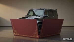 Schwarze Mercedes G-Klasse wird aus einer dunkelroten Geschenkbox mit goldener Schleife enthüllt