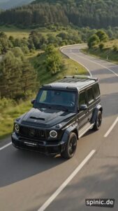 Schwarzer Mercedes G 63 AMG fährt im Hochformat auf einer kurvigen Straße durch eine grüne Landschaft