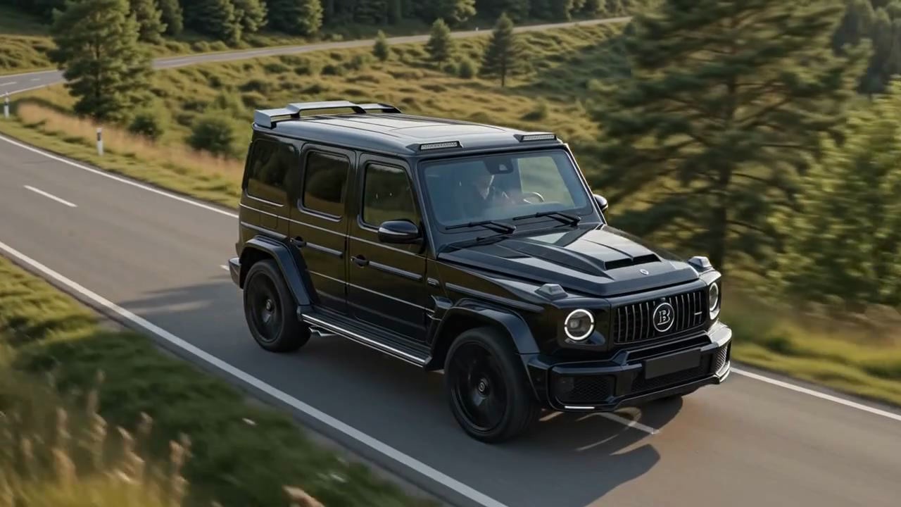 Schwarzer Mercedes G 63 AMG fährt in Seitenansicht auf einer Straße durch eine grüne Landschaft