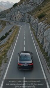 Schwarzer Audi A8 fährt auf einer kurvigen Alpenstraße durch eine Berglandschaft