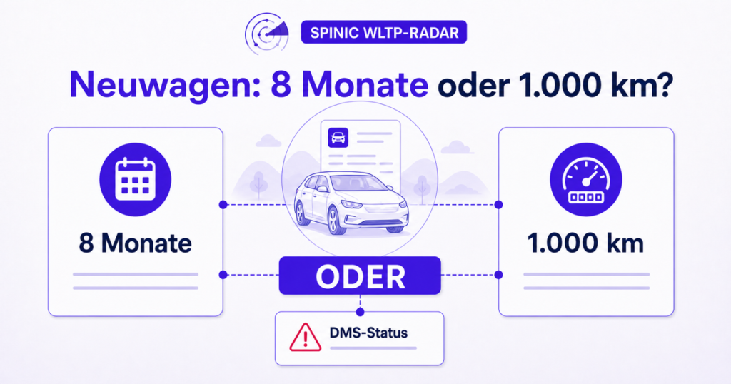 Prüfdiagramm zum Neuwagenstatus: 8 Monate oder 1.000 km sowie zusätzlicher DMS-Status