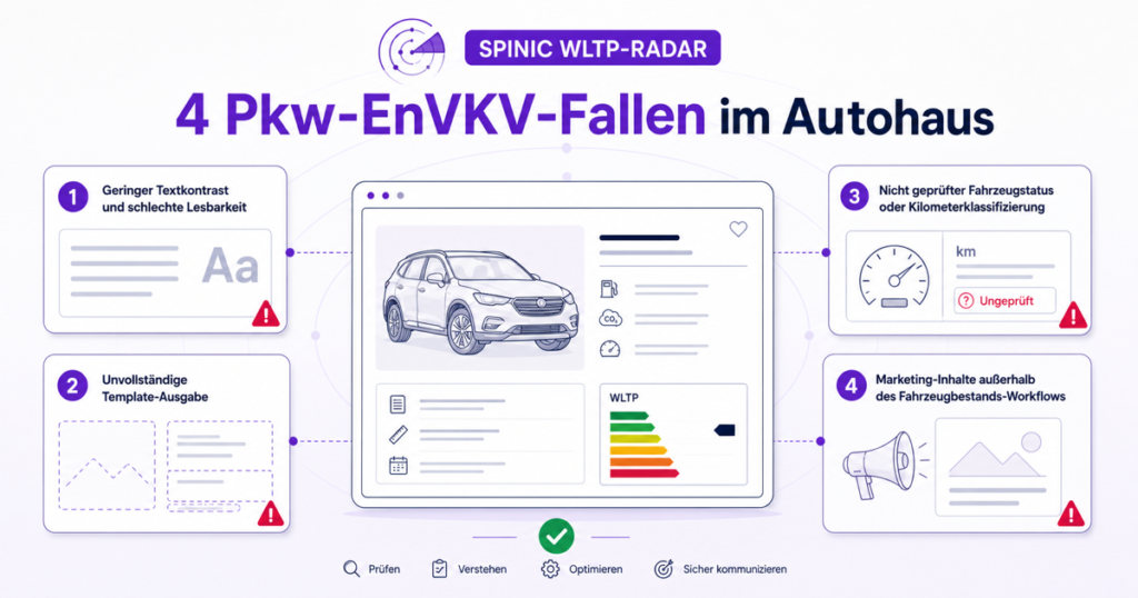 Vier technische Pkw-EnVKV-Fallen im Autohaus: Lesbarkeit, Template, Fahrzeugstatus und Marketinginhalte