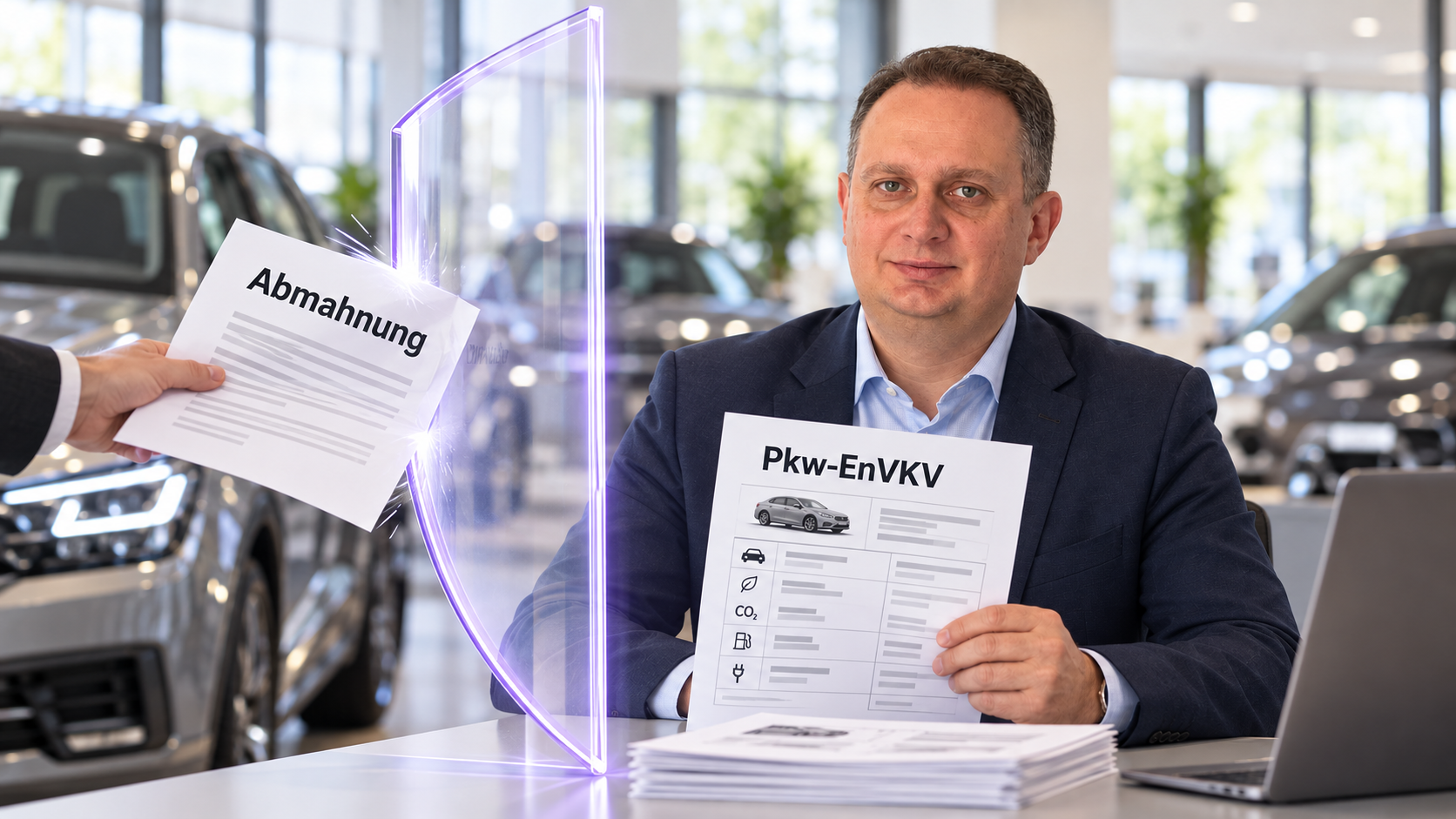 KI-generierte Illustration: Kirill im Autohaus, ein transparenter Schild zwischen ihm und einem Dokument Abmahnung, daneben Fahrzeugdaten Pkw-EnVKV
