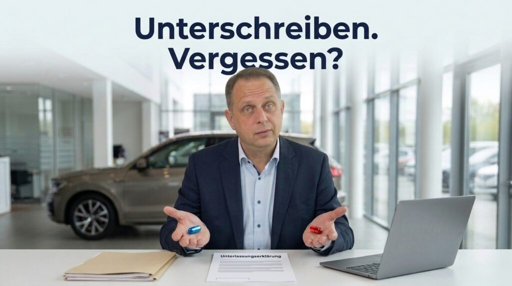 Kirill mit einer blauen und einer roten Kapsel als Symbol für zwei Reaktionen auf eine Abmahnung; vor ihm eine Unterlassungserklärung.