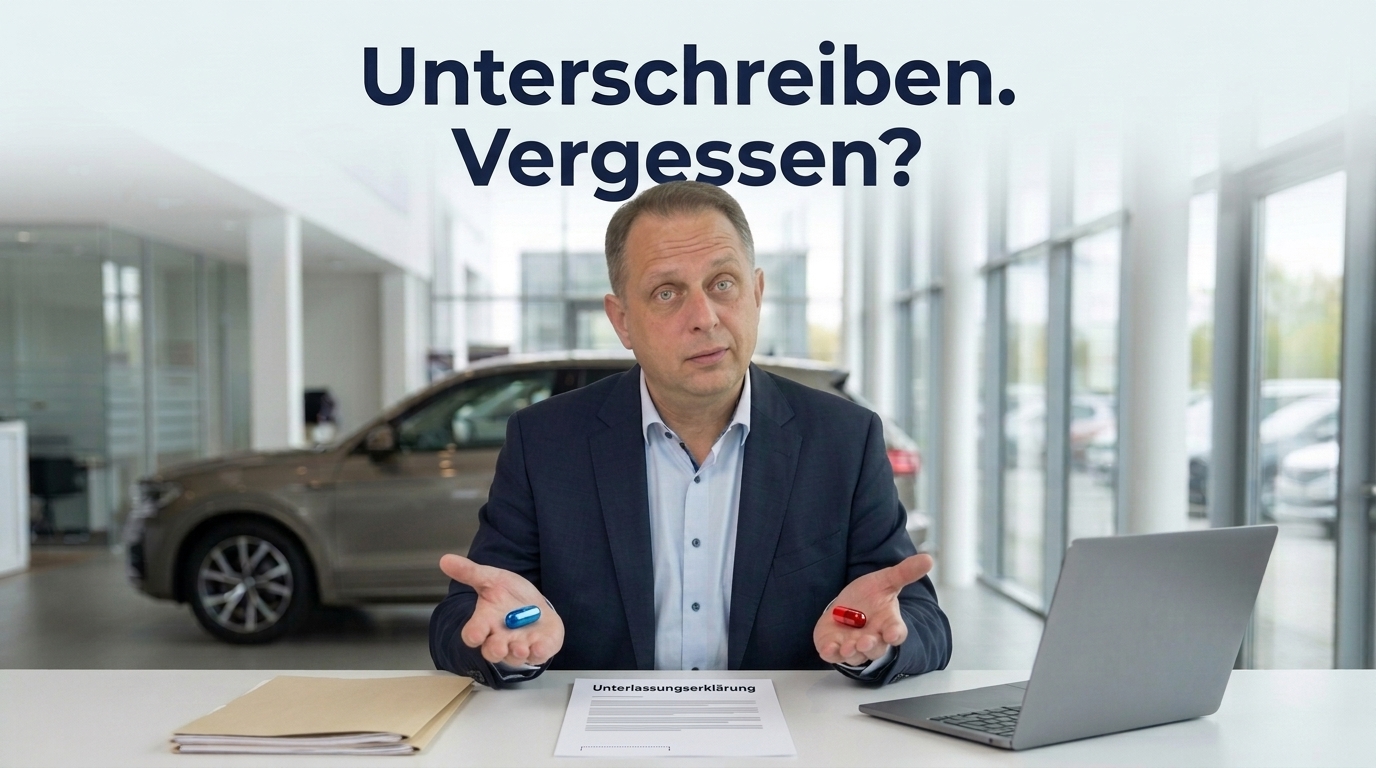 Kirill mit einer blauen und einer roten Kapsel als Symbol für zwei Reaktionen auf eine Abmahnung; vor ihm eine Unterlassungserklärung.