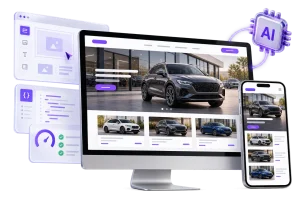 Konzept einer KI-gestützten Autohaus-Website mit Fahrzeugbestand, mobiler Ansicht und Optimierungsmodulen