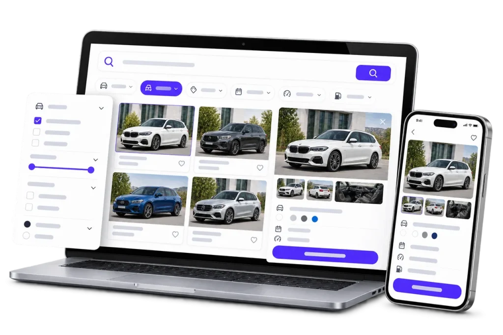 SmartSearch-Demokonzept mit Fahrzeugsuche und Fahrzeugdetails auf Computer und Smartphone