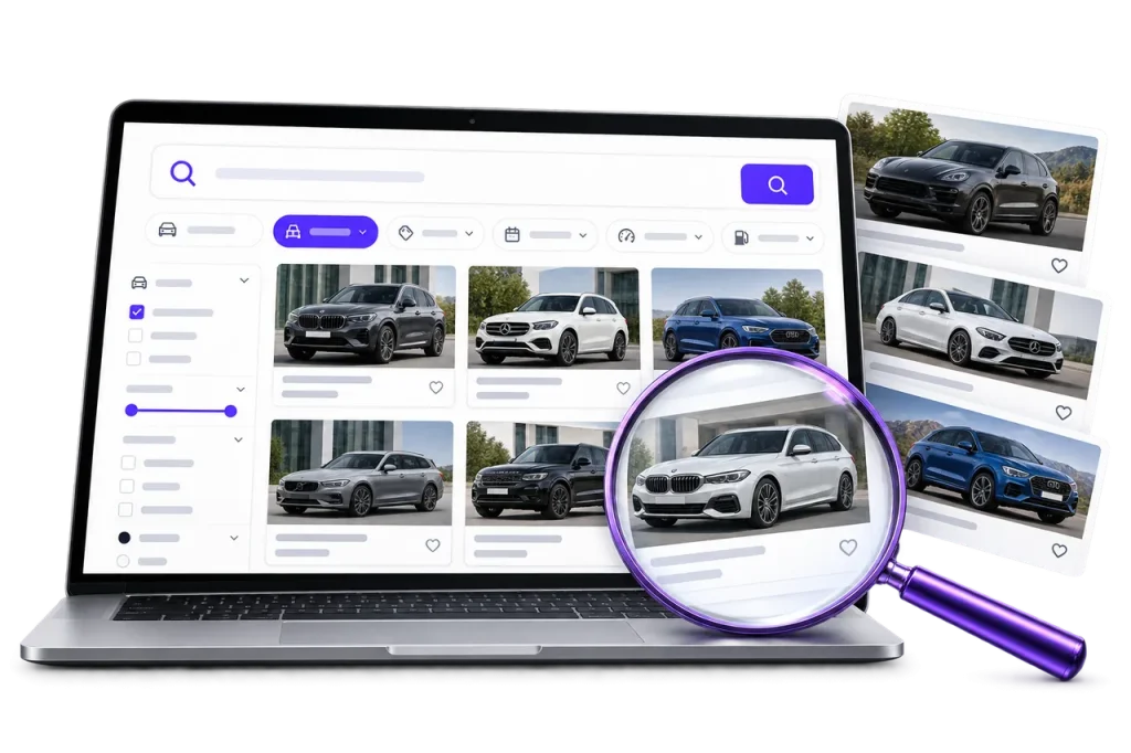 Konzeptdarstellung der SmartSearch-Fahrzeugsuche mit Bestandsfahrzeugen, Suchfeld und Ausstattungsfiltern