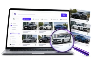 Konzeptdarstellung der SmartSearch-Fahrzeugsuche mit Bestandsfahrzeugen, Suchfeld und Ausstattungsfiltern