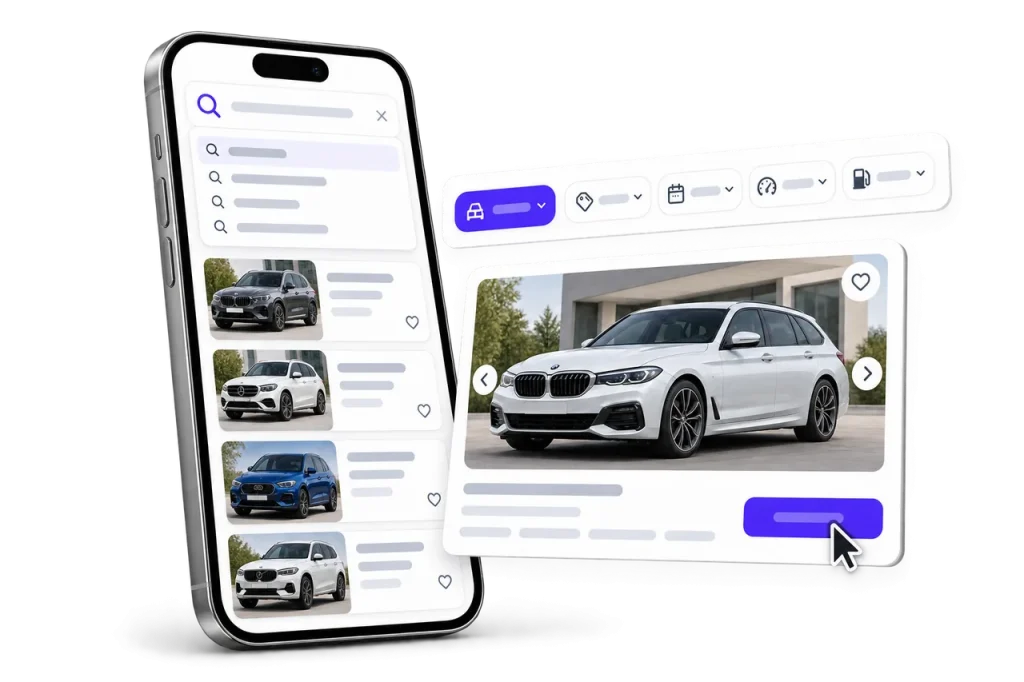 SmartSearch auf dem Smartphone mit Suchvorschlägen, Filtern und passenden Fahrzeugen