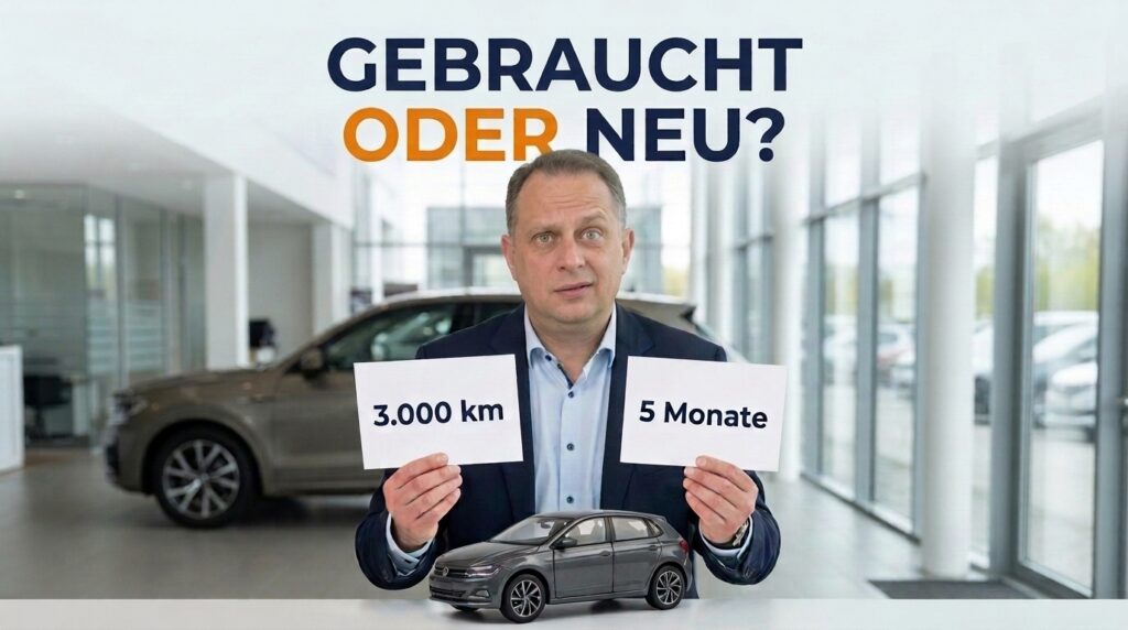 Kirill mit den Karten „3.000 km“ und „5 Monate“; auf dem Tisch steht ein Modellauto.