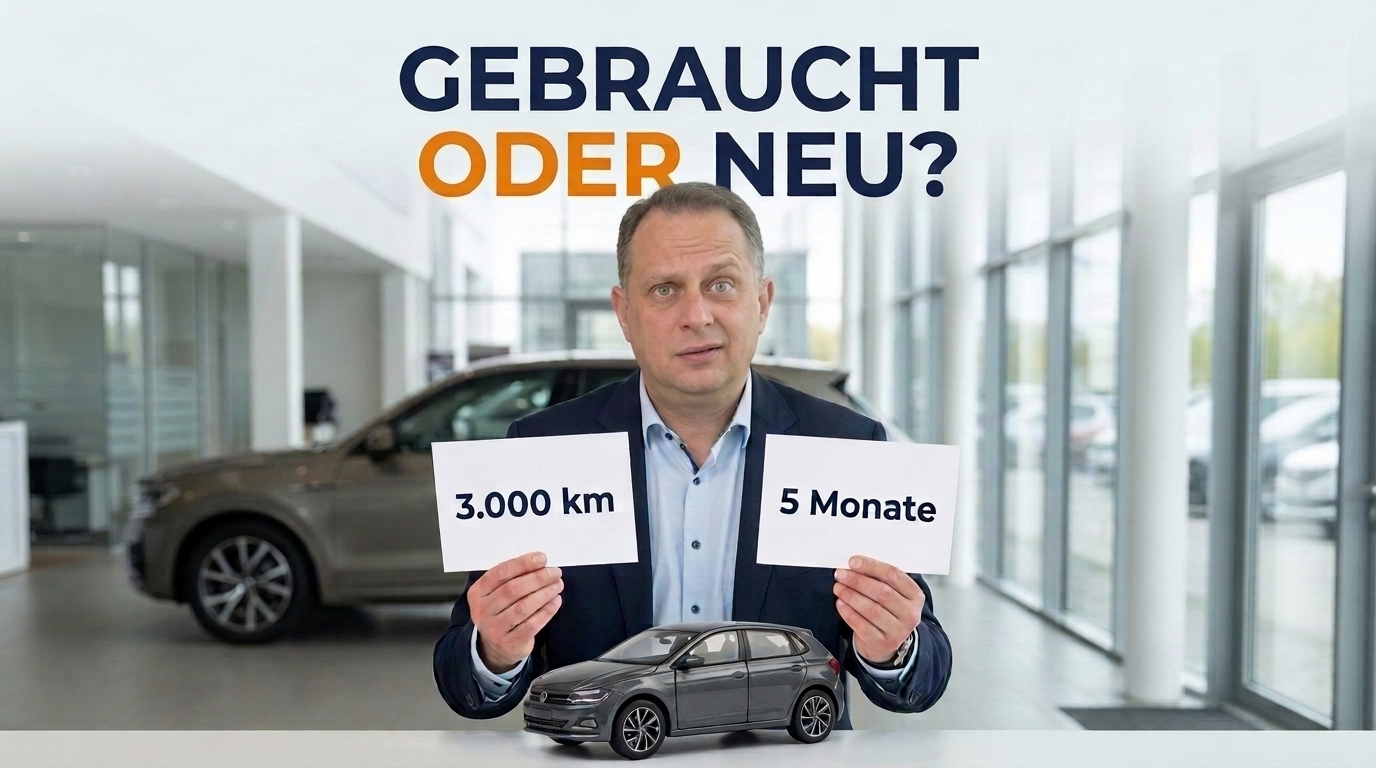 Kirill mit den Karten „3.000 km“ und „5 Monate“; auf dem Tisch steht ein Modellauto.